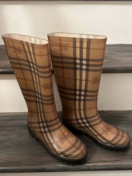 Burberry Shoes - Burberry Plaid Mid-Calf Rain Boots in Classic Beige Check
